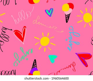 Abstract Hand Drawing Hello Summer Concept Colorful Repeating Vector Pattern Isolated Background