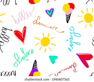 Abstract Hand Drawing Hello Summer Concept Colorful Repeating Vector Pattern Isolated Background