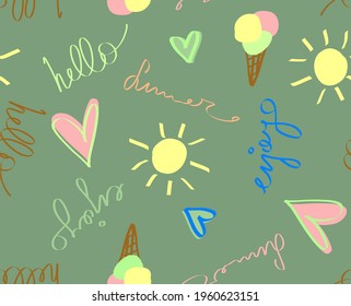Abstract Hand Drawing Hello Summer Concept Colorful Repeating Vector Pattern Isolated Background