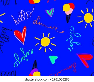 Abstract Hand Drawing Hello Summer Concept Colorful Repeating Vector Pattern Isolated Background