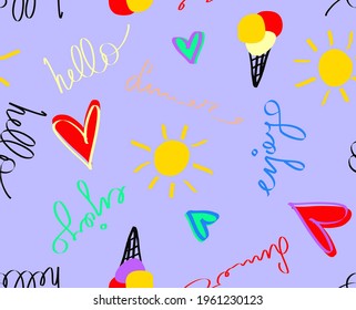 Abstract Hand Drawing Hello Summer Concept Colorful Repeating Vector Pattern Isolated Background
