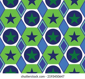Abstract Hand Drawing Hexagon Diamond Shapes with Stars Seamless Vector Pattern Isolated Background