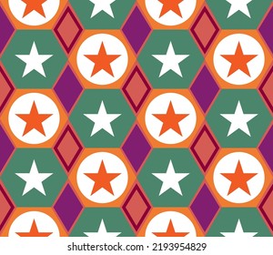Abstraktes Handziehen mit Hexagon Diamantformen mit Stars Nahtloses Vektormuster einzeln auf Hintergrund