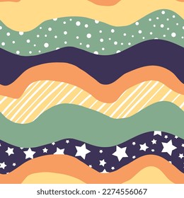 Abstract Hand Drawing Horizontal Geometric Wavy Lines Stripes Dots and Stars Seamless Vector Pattern Isolated Background