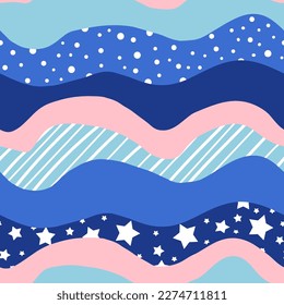 Abstract Hand Drawing Horizontal Geometric Wavy Lines Stripes Dots and Stars Seamless Vector Pattern Isolated Background