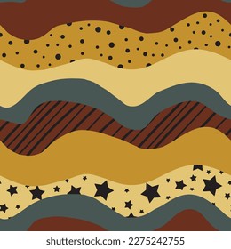 Abstract Hand Drawing Horizontal Geometric Wavy Lines Stripes Dots and Stars Seamless Vector Pattern Isolated Background
