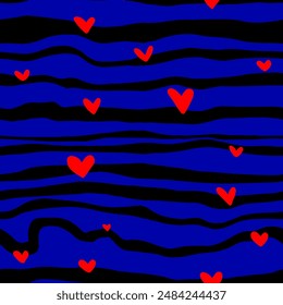 Abstract Hand Drawing Horizontal Irregular Wavy Tiger Zebra Animal Skin Stripes Lines with Mini Hearts Seamless Vector Pattern Isolated Background