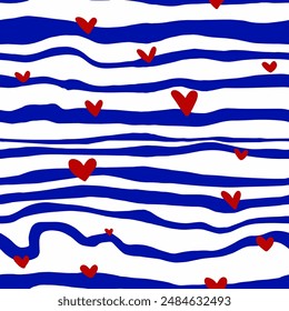 Abstractas dibujo a mano Horizontal irregular ondulado tigre cebra animal rayas líneas de la piel con mini corazones patrón de Vector inconsútil fondo aislado