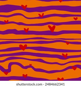 Abstract Hand Drawing Horizontal Irregular Wavy Tiger Zebra Animal Skin Stripes Lines with Mini Hearts Seamless Vector Pattern Isolated Background