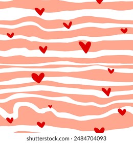 Abstractas dibujo a mano Horizontal irregular ondulado tigre cebra animal rayas líneas de la piel con mini corazones patrón de Vector inconsútil fondo aislado