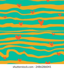 Abstract Hand Drawing Horizontal Irregular Wavy Tiger Zebra Animal Skin Stripes Lines with Mini Hearts Seamless Vector Pattern Isolated Background