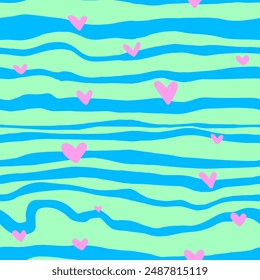 Abstrakte Handzeichnung Horizontale unregelmäßige gewellte Tiger Zebra Tierhaut Streifen Linien mit Mini-Herzen Nahtlose Vektorgrafik Muster Isolierter Hintergrund