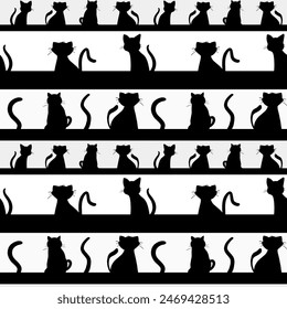 Abstract Hand Drawing Horizontal Strokes with Cute Cats Silhouettes Seamless Vector Pattern Isolated Background	
