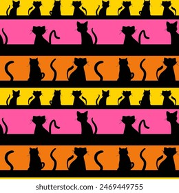 Dibujo a mano Abstractas Trazos Horizontales con lindos gatos Siluetas Patrón de Vector sin costura Fondo aislado	
