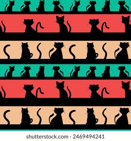 Abstract Hand Drawing Horizontal Strokes with Cute Cats Silhouettes Seamless Vector Pattern Isolated Background	
