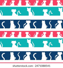 Abstract Hand Drawing Horizontal Strokes with Cute Cats Silhouettes Seamless Vector Pattern Isolated Background	
