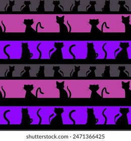 Abstract Hand Drawing Horizontal Strokes with Cute Cats Silhouettes Seamless Vector Pattern Isolated Background	
