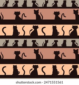 Abstract Hand Drawing Horizontal Strokes with Cute Cats Silhouettes Seamless Vector Pattern Isolated Background	
