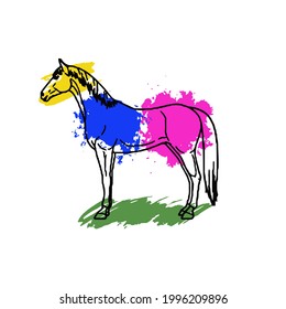 Abstract Hand Drawing Horse Logo with Colorful Brush Strokes Vector Pattern Isolated Background