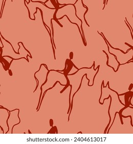 Abstract Hand Drawing Horse Riding People Silhouettes Seamless Ethnic African Vector Pattern Isolated Background
