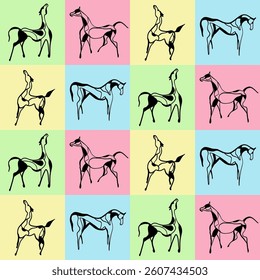 Abstract Hand Drawing Horse Silhouettes Seamless Vector Pattern Isolated Checkered Background