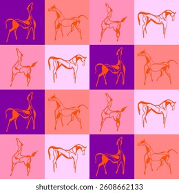 Abstract Hand Drawing Horse Silhouettes Seamless Vector Pattern Isolated Checkered Background