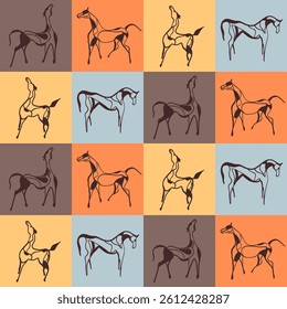 Abstract Hand Drawing Horse Silhouettes Seamless Vector Pattern Isolated Checkered Background