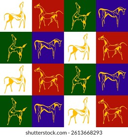Abstract Hand Drawing Horse Silhouettes Seamless Vector Pattern Isolated Checkered Background
