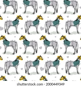 Abstract Hand Drawing Horses and Hearts Brush Strokes Seamless Vector Pattern Isolated Background