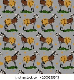 Abstract Hand Drawing Horses and Hearts Brush Strokes Seamless Vector Pattern Isolated Background
