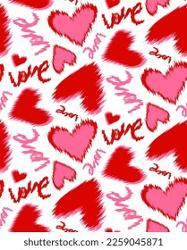 Resumen Dibujo mano Corazones rígidos de Ikat y escritura a mano Amor Texto Patrón vectorial sin problemas Fondo aislado