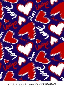 Abstract Hand Drawing Ikat Stitch Hearts and Hand Writing Love Text Seamless Vector Pattern Isolated Background