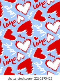Abstract Hand Drawing Ikat Stitch Hearts and Hand Writing Love Text Seamless Vector Pattern Isolated Background