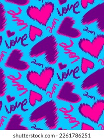 Abstract Hand Drawing Ikat Stitch Hearts and Hand Writing Love Text Seamless Vector Pattern Isolated Background
