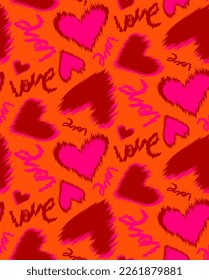 Abstract Hand Drawing Ikat Stitch Hearts and Hand Writing Love Text Seamless Vector Pattern Isolated Background