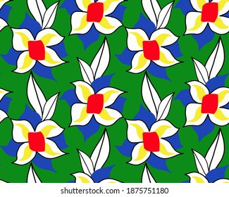 Abstract Hand Drawing Italian Tile Ceramic Flowers and Leaves Repeating Vector Pattern Isolated Background