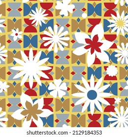 Abstract Hand Drawing Italian Tile Ceramic Concept Flowers and Geometric Plaid Seamless Vector Pattern Checkered Background 