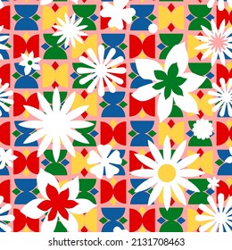 Abstract Hand Drawing Italian Tile Ceramic Concept Flowers And Geometric Plaid Seamless Vector Pattern Checkered Background 