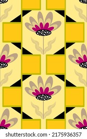 Abstract Hand Drawing Italian Tile Geometric Flowers Leaves and Squares Seamless Vector Pattern Isolated Background 