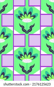 Abstract Hand Drawing Italian Tile Geometric Flowers Leaves and Squares Seamless Vector Pattern Isolated Background 