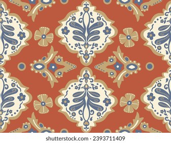 Abstract Hand Drawing Italian Tile Ceramic Ethnic Traditional Ornamental Baroque Damask Seamless Vector Textile Pattern Isolated Background