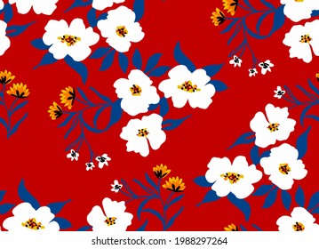 Abstract Hand Drawing Japanese Flowers and Leaves Seamless Pattern Isolated Background