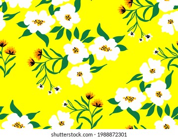 Abstract Hand Drawing Japanese Flowers and Leaves Seamless Pattern Isolated Background