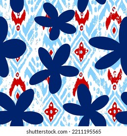 Abstracto Dibujo de grandes flores de margarita con formas geométricas de ikat bohemias Patrón vectorial sin mar Fondo aislado