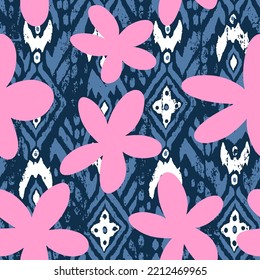 Abstracto Dibujo de grandes flores de margarita con formas geométricas de ikat bohemias Patrón vectorial sin mar Fondo aislado