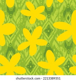 Abstract Hand Drawing Large Daisy Flowers with Bohemian Ikat Ethnic Tribal Geometric Shapes Seamless Vector Pattern Isolated Background