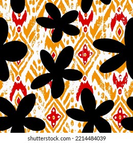Abstract Hand Drawing Large Daisy Flowers with Bohemian Ikat Ethnic Tribal Geometric Shapes Seamless Vector Pattern Isolated Background
