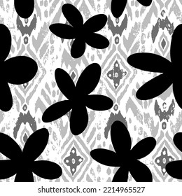 Abstracto Dibujo de grandes flores de margarita con formas geométricas de ikat bohemias Patrón vectorial sin mar Fondo aislado