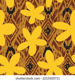 Abstracto Dibujo de grandes flores de margarita con formas geométricas de ikat bohemias Patrón vectorial sin mar Fondo aislado
