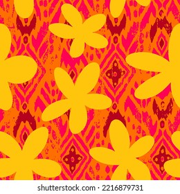 Abstracto Dibujo de grandes flores de margarita con formas geométricas de ikat bohemias Patrón vectorial sin mar Fondo aislado